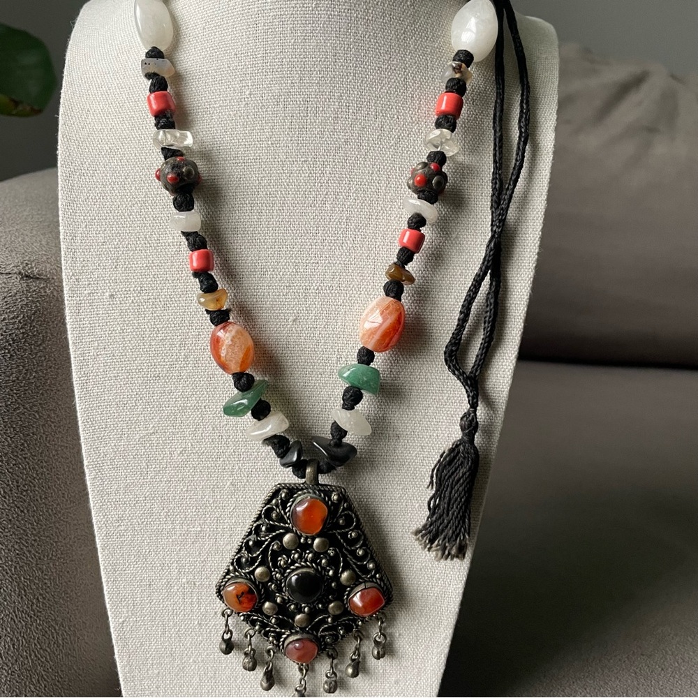 Bohemian Metal Multi Semi Precious Stone Beaded Necklace